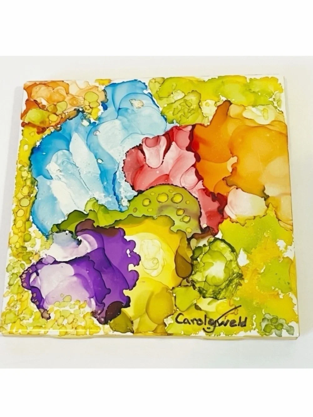 Handmade Alcohol Ink Art Ceramic Tile Coaster Floral Abstract Decor 